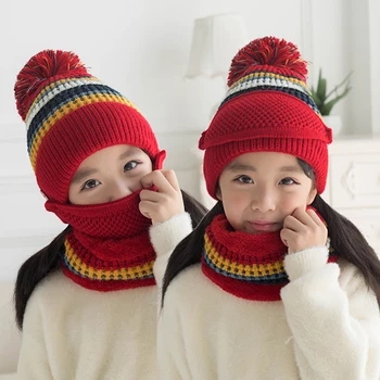 зимна детска шапка шал маска от три части деца плюшени сгъстяват се затопли вязаный пуловер шапка за защита на лицето шията топката шапка шапки