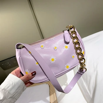 Красиво цвете маргаритки дамски чанти мода изкуствена кожа жени франзела под мишниците чанта лилаво женски верига малък портфейл чанти за рамо
