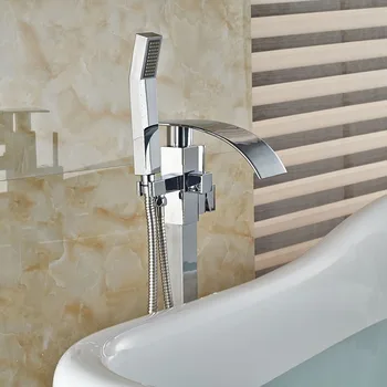 Луксозна вана, мивка, кран на външен хром водопад смесители за баня, отделно стоящи топла и студена вана душ ръчен душ