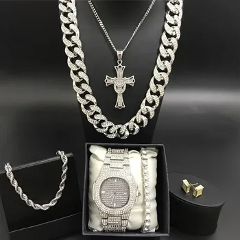 Луксозни мъжки часовник & колие & Braclete & пръстен Combo набор от Ice Out кубински Crystal Маями огърлица верига хип-хоп бижута за мъже