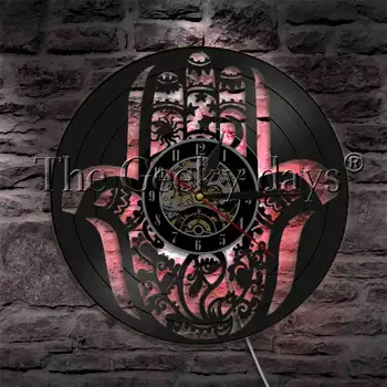 Мандала Хамсия ръчно Vinyl плоча стенен часовник с led осветление LED Light Wall Мандала Evil Eye Wall Watch Art Decor
