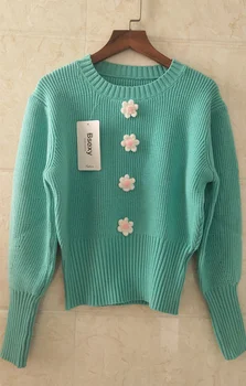 Марката дизайнерски съкратен пуловер пуловер жени флорални апликации буйни ръкав кратък вязаный топ скок зимата Джърси streewear