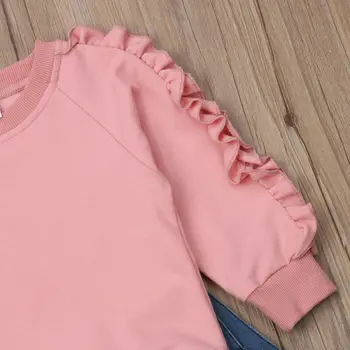 Мода Baby Girl пристрастие комплект дрехи за есен/зима на топло твърда розова блуза, потник+дънкови панталони дете деца ежедневни облекла комплект 1-6Y