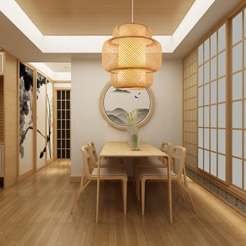 Модерен окачен лампа ратан бамбук дърво лампа E27 лекота хол с трапезария и Начало Декор кафене ресторант реколта закача лампа