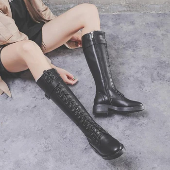Нови дамски ботуши над коляното от естествена кожа, дантела пикантни високи токчета Есенен Дамски обувки зимни дамски ботуши размер 34-43 dd495