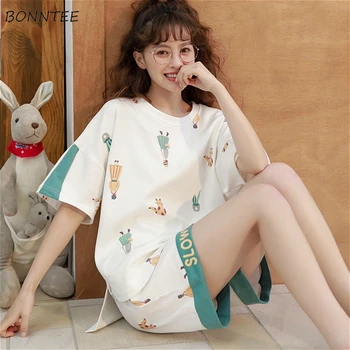 Пижамные комплекти за жени 2XL лято мек Kawai печат врата сладко момиче пижама с къс ръкав прост корейски модерен Mujer домашно облекло