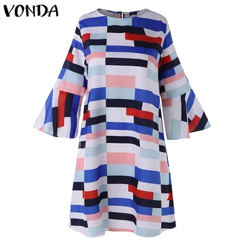 Плюс размер VONDA Summer Dress 2021 Women Plaid Mini Dress Holiday Beach Party Half Flare Sleeve Секси Streetwear Casual Vestido