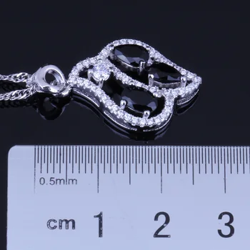 Прекрасен лист черен кубичен цирконий Бял CZ посребрени бижута комплекти обеци с висулка верига V0025