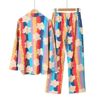 Пролет и есен дамски пижами набор от цветна Дъга сладък мечка печатни пижами отложным яка с дълъг ръкав + панталони домашно облекло