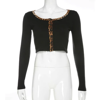 Пролетни черни дамски пуловери вязаная яке с дълъг ръкав съкратен топ леопардовое юрган основна Женска тениска вязаная блуза SW105