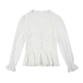 С дълъг ръкав бродерия с флорални дантели риза есен 2020 пролет нова риза дамски блузи Бяла шифоновая риза блуза с V-образно деколте, риза 833H