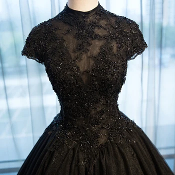 Сватбена рокля 2019 висока шия във дантела черните сватбени рокли елегантен плюс размер с къс ръкав Crystal дълга рокля Mariee De CH057