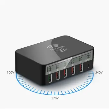Универсален тип C Qi безжично зарядно устройство 5 портове USB QC 3.0 бързо зарядно устройство, USB зарядно устройство, зарядно устройство с LCD дисплей напрежение ток