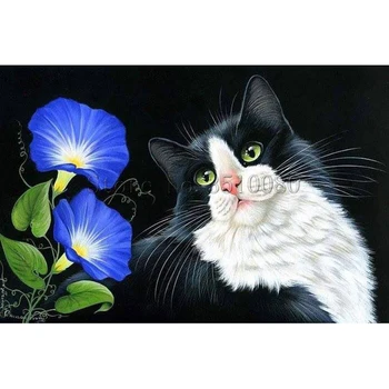 Черно - бяла котка цвете декор бродерия модел Диамант 5D САМ картини 3D комплекти на кръстат бод мозайка етикети RS1123
