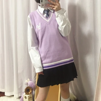 Японски JK пуловер, жилетка плътен цвят сладък cosplay пуловер момиче училище жилетка Зайо на сладко малко същество лилаво, синьо, розово