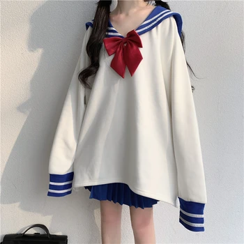 Японски сладко моряк яка големи hoody жени плюс размер Harajuku Kawaii hoody дамски момиче Лолита JK стил на облекло потници