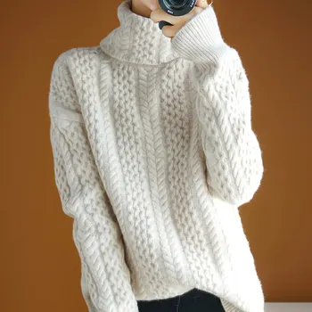 19 новия есенно-зимния пуловер женски пуловер с висока яка свободен вълнен пуловер с закрученными ръкави вязаная долна риза удебелява
