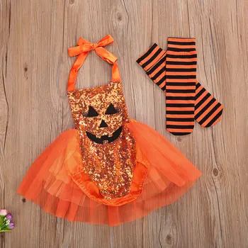 2 елемента Хелоуин костюми Baby Girl облекло печатни пайети Halter гащеризон пакетче рокля + шарени чорапи, комплекти Baby Festival костюм
