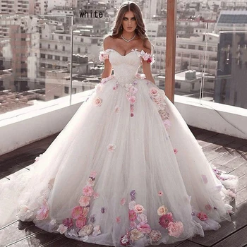 2020 бели рокли Quinceanera с открити рамене бална рокля тюл 15 anos цветя пухкав сладък рокли 18 Vestidos елегантна рокля за абитуриентски бал