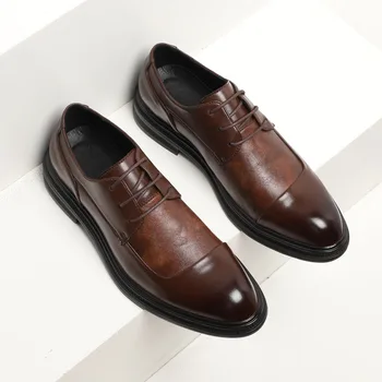 2020 бизнес рокля Мъжки обувки мода Остър чорап чрез шнурове официални мъжки кожени обувки с високо качество на черен класически британски мъжки обувки