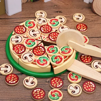 64 бр преструвам се играе дървена пица играчка за деца, пица да играе храната комплект, подходящ за деца пица страна храна за готвене и рязане на дървени играта