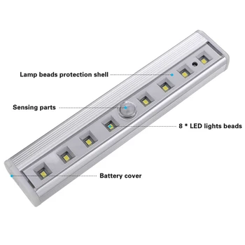 8 LED Night Light Bar Motion Sensor Light Closet Under Cabinet Light Battery Operated Wireless Wardrobe лампа за стълби легла