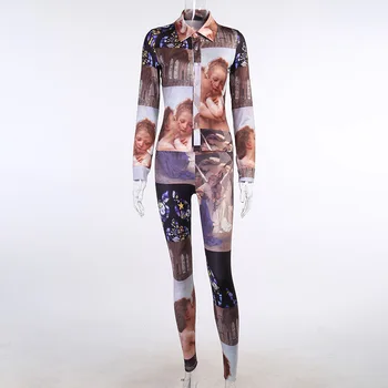 ANJAMANOR Vintage Print Секси Two Piece Set с дълъг ръкав тениска и панталони есен 2020 Дамски дрехи клубна облекло D66-DG28