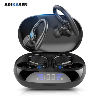 Arikasen Bluetooth слушалки TWS Bluetooth 5.0 true wireless слушалки с ухо LED кабел за зареждане калъф микрофон спортни слушалки
