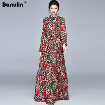 Banulin мода писта с дълъг ръкав макси рокли жени с дълъг ръкав Леопард Rose цветен принт еластичен колан дълго премяна