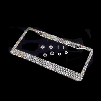Bling Crystal License Plate Frame Women Luxury Handcrafted Кристал Car Plate Frame with Ignition Button Fits USA and Canad