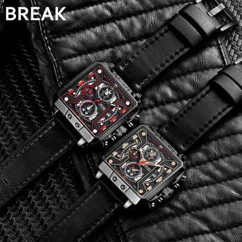 BREAK Men Luxury Fashion Casual Dial Square ръчен часовник Кварцов спортни с хронограф водоустойчив календар и часовник със светещи