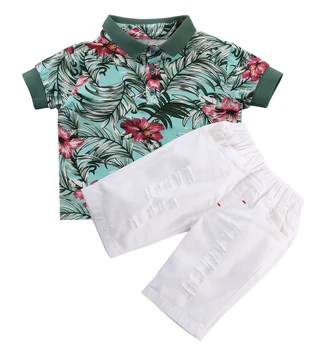 Cathery Hawaii 2 елемента дете деца Baby Boy модни комплекти цвете риза с къси ръкави + бели къси панталони екипировки памук летен комплект дрехи