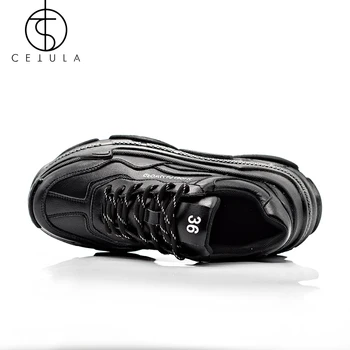 Cetula Women Sneakers Shoes Lace-up Urban Waxed Full Grain Leather Atheletic Women Shoes ft.Silver&Black, Тонове Oversize Подметка