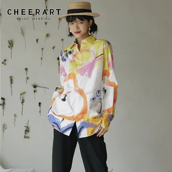 CHEERART дизайнер есен 2020 жени блуза с дълъг ръкав бутон нагоре яка на ризата бял памук мода голям принт блуза облекло