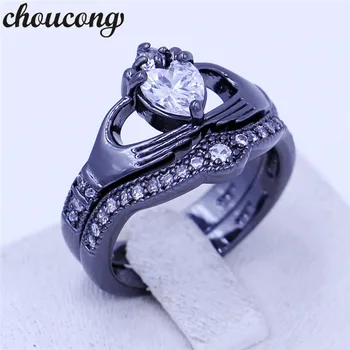 Choucong 4 цвята Камък жените claddagh пръстен 5A Циркон cz черното злато са пълни с годежен пръстен, сватбени комплекти пръстен за жени, мъже