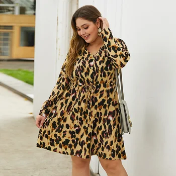 DOIB Women Leopard-Print Dress V образно деколте пълен фенер ръкав пояс, плюс рокля размер 2020 мода свободно ежедневна рокля
