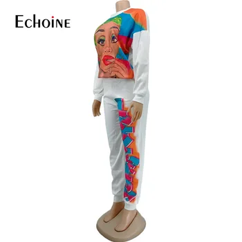 Echoine зима жени карикатура печат спортен костюм от две части комплект hoody спортни панталони за спорт бягане спортен костюм lounge носете дрехи