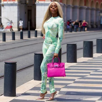 Echoine Секси цветен принт тънък чай топ и гамаши Flare панталони от две части комплект за жени слаб Bodycon спортен костюм мода градинска облекло