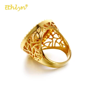 Ethlyn New Little Women Luxury Gold Color King Avatar Round Crystal Ring Hollow Rings Vintage Big Ring Ladies Rings Wedding Party