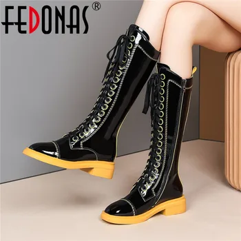 FEDONAS 2020 Есен Зима естествена кожа жени коляното ботуши смесени цветове буци ток Обувки дамски украшения за работа обувки жена