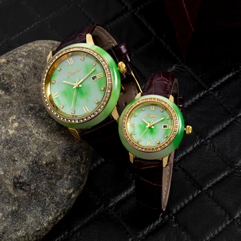 GEZFEEL външни женски монголски нефрит часовници кафява кожена каишка зелен кръгъл циферблат с календар дисплей водоустойчив Reloj Mujer