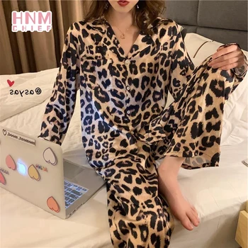 HNMCHIEF леопардовая пижами костюм дамски камвольная пижама с дълъг ръкав от ледената коприна домашно облекло женски комплект блуза с домашен любимец принтом нощница