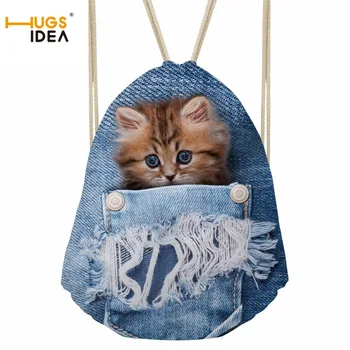 HUGSIDEA 2018 Стилни жени ред чанти за съхранение на син деним 3D котка куче печат Drawstring чанта раница за момичета пътуване раница