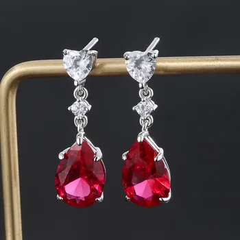 Jellystory luxury charm earring real 925 sterling water drop shape ruby gemstone fine jewelry for women wedding engagement