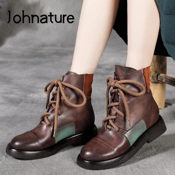 Johnature есенни обувки Дамски обувки 2020 Новата естествена кожа дантела смесени цветове през цялата чорап шиене ръчно изработени глезена Дамски ботуши