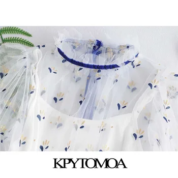KPYTOMOA жени 2020 Секси Мода See Through Mesh Mini Dress Vintage Раффлед с къс ръкав с подплата дамски рокли Vestidos