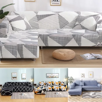L форма на бели геометрични разтегателен седалките ликра за хола разтегателен капак ъглов диван делото Чейс дълга за носене еластичен материал