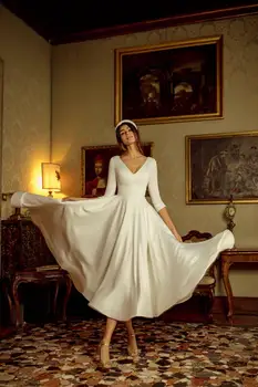 LORIE Simple White Tea-length Wedding Dresses with Half Soft Sleeve Satin Beach Boho Bridal Dress Princess Party Dress 2020