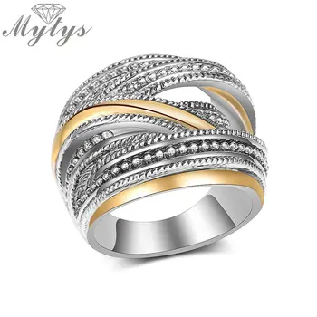 Mytys геометрична напречната линия Бар пръстен за жени стар сребърен кръст през пръстен офис бижута подарък за майка си R2029