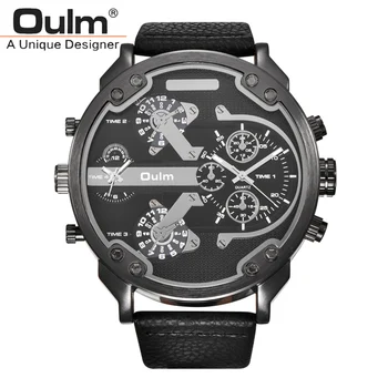 Oulm Men Top Brand Luxury Japan Movt кварцов часовник 2 часови пояс ежедневни часовници 5.5 cm Big Face Male ПУ ръчен часовник Relojes Hombre